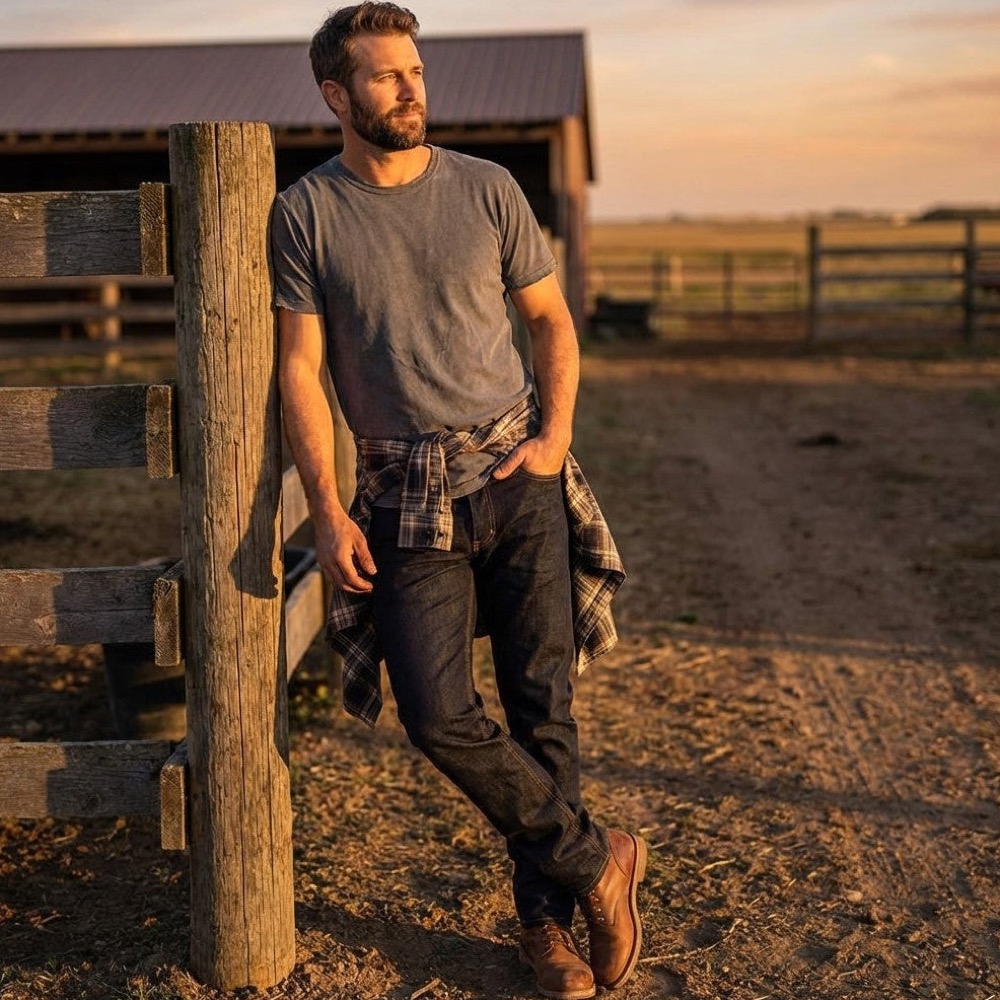 A man leaning against a weathered wooden fence at golden hour, a plaid shirt tied at his waist, wearing a dark raw-denim Dearborn Denim tailored-fit jean and brown leather boots, a barn and open field behind him