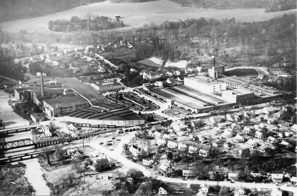 A vintage aerial view of the Trion mill complex and the worker housing built around it